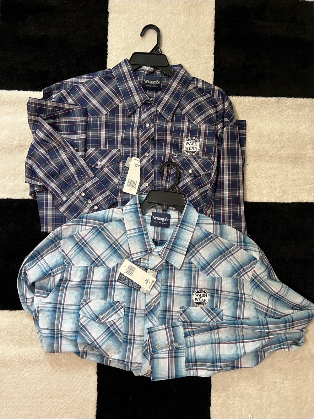 Wrangler Plaid Western Shirts Pearl Snaps  - Light Blue & Navy set of 2